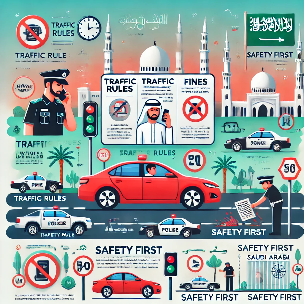 Infographic depicting common traffic violations in Saudi Arabia, including a red car running a red light, a driver using a mobile phone, and a police officer issuing a fine. The background features Saudi landmarks, such as palm trees and desert scenery, with bold text emphasizing traffic rules, fines, and safety.