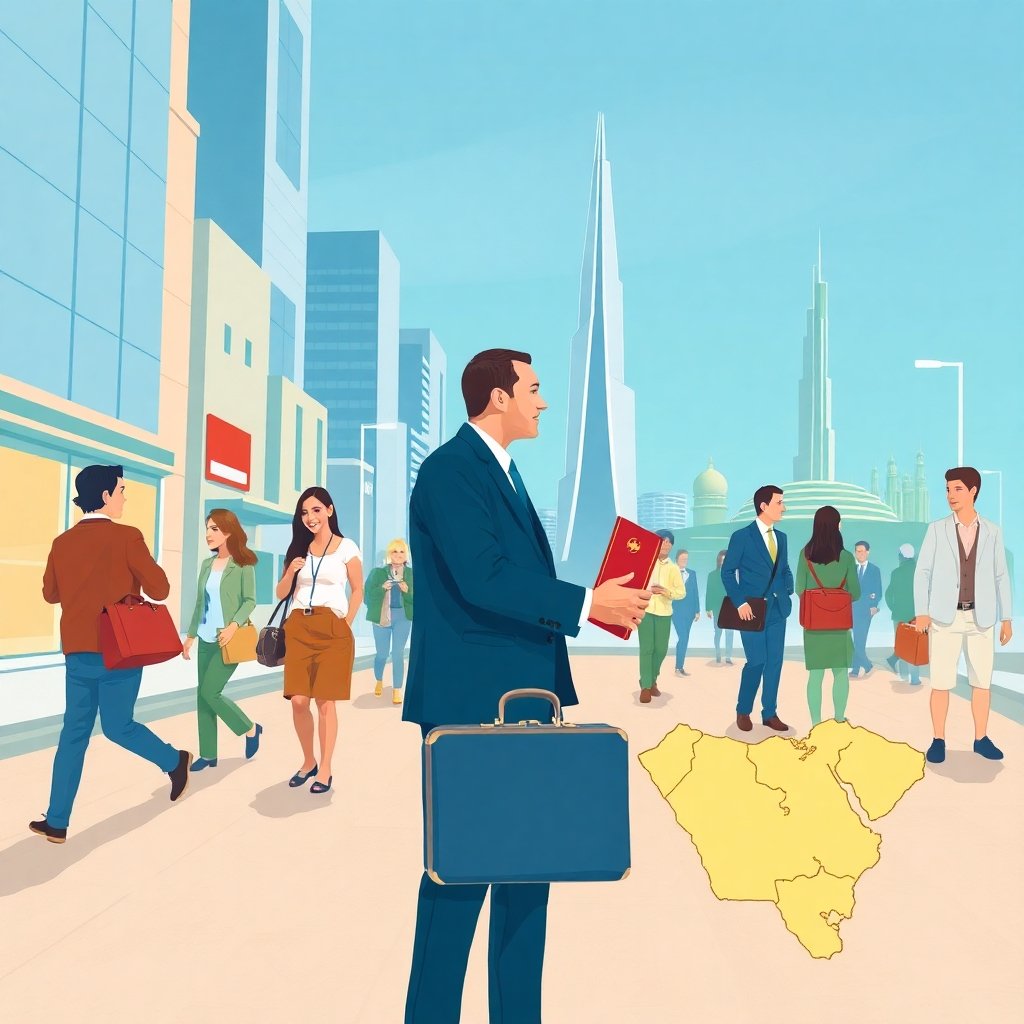 Candid-street-photography-style-illustration-urban-scenes-spontaneous-moments-briefcase-passport-handshake-map-of-Saudi-Arabia-with-Kingdom-Tower-clean-modern-style-blue-green-gold-tones
