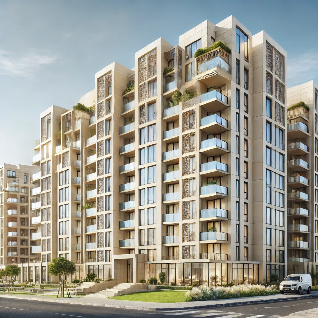 Modern apartment building in Saudi Arabia with balconies, large glass windows, and a neutral color palette, surrounded by a clean sidewalk and greenery under a clear sky