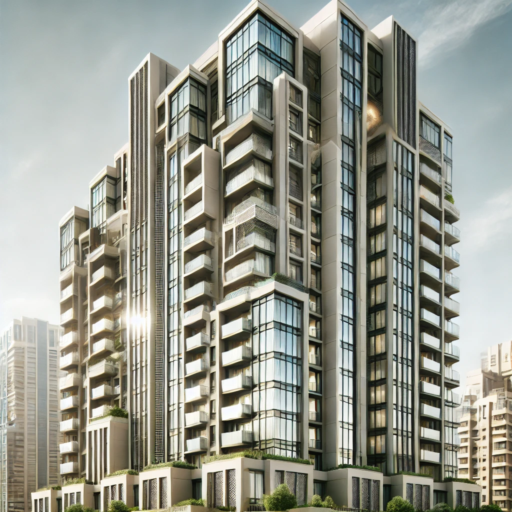 Modern high-rise apartment building in Saudi Arabia with large glass windows and multiple balconies, set against a clear sky, with surrounding urban buildings to depict a residential area.