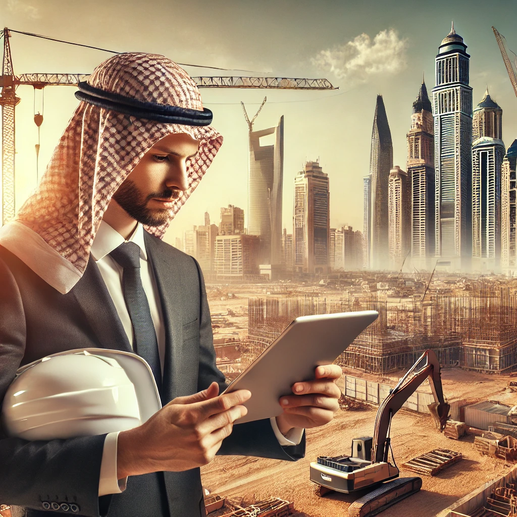 Depicts an engineer on a construction site with ongoing skyscraper projects in Saudi Arabia, emphasizing engineering career opportunities.