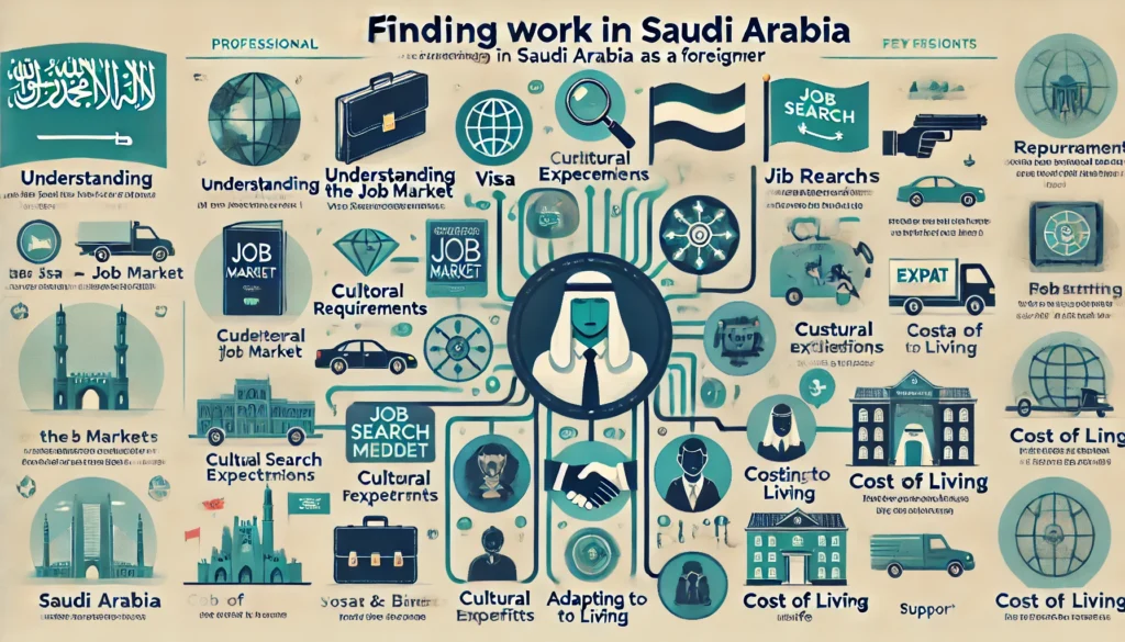 Infographic summarizing how to find work in Saudi Arabia as a foreigner. Sections include 'Understanding the Job Market' with icons for key sectors, 'Visa Requirements' featuring a passport icon, 'Cultural Expectations' with a handshake, 'Job Search Methods' showcasing online portals and networking, 'Salary and Benefits' with a money bag icon, 'Cost of Living' with a house icon, 'Adapting to Life' highlighting local customs, and 'Expat Support' showing a community symbol. Professional layout in blue, green, and gold tones.