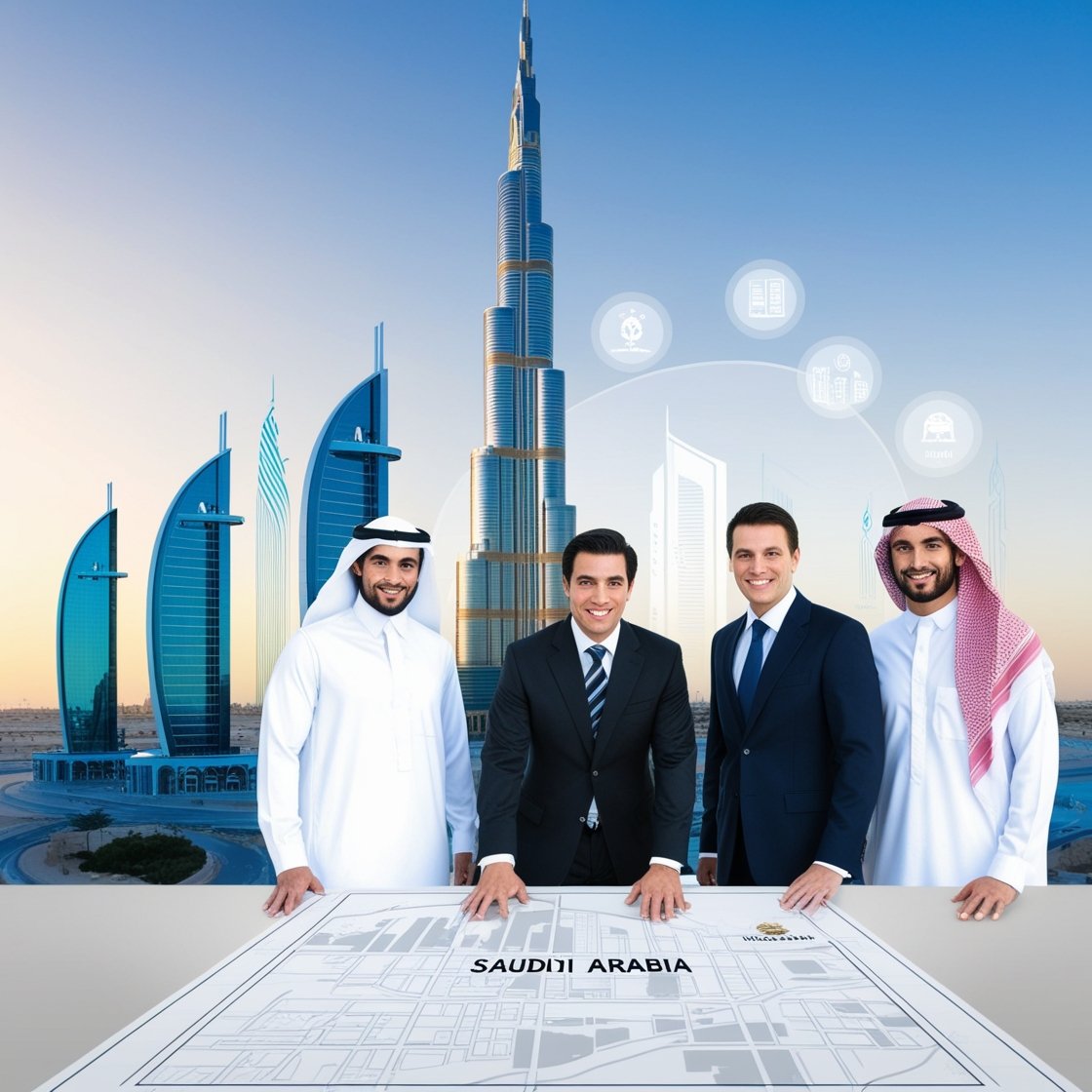 Riyadh skyline with Saudi and international business professionals collaborating, symbolizing growth and partnership