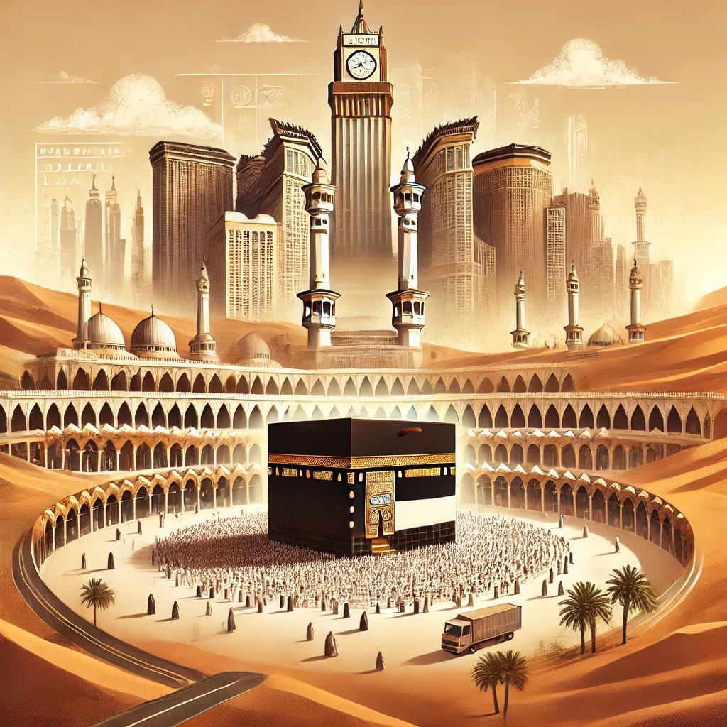 Respectful illustration of Saudi Arabia's heritage with the Kaaba in Mecca, traditional architecture, and a desert transitioning into a modern skyline, symbolizing history and progress