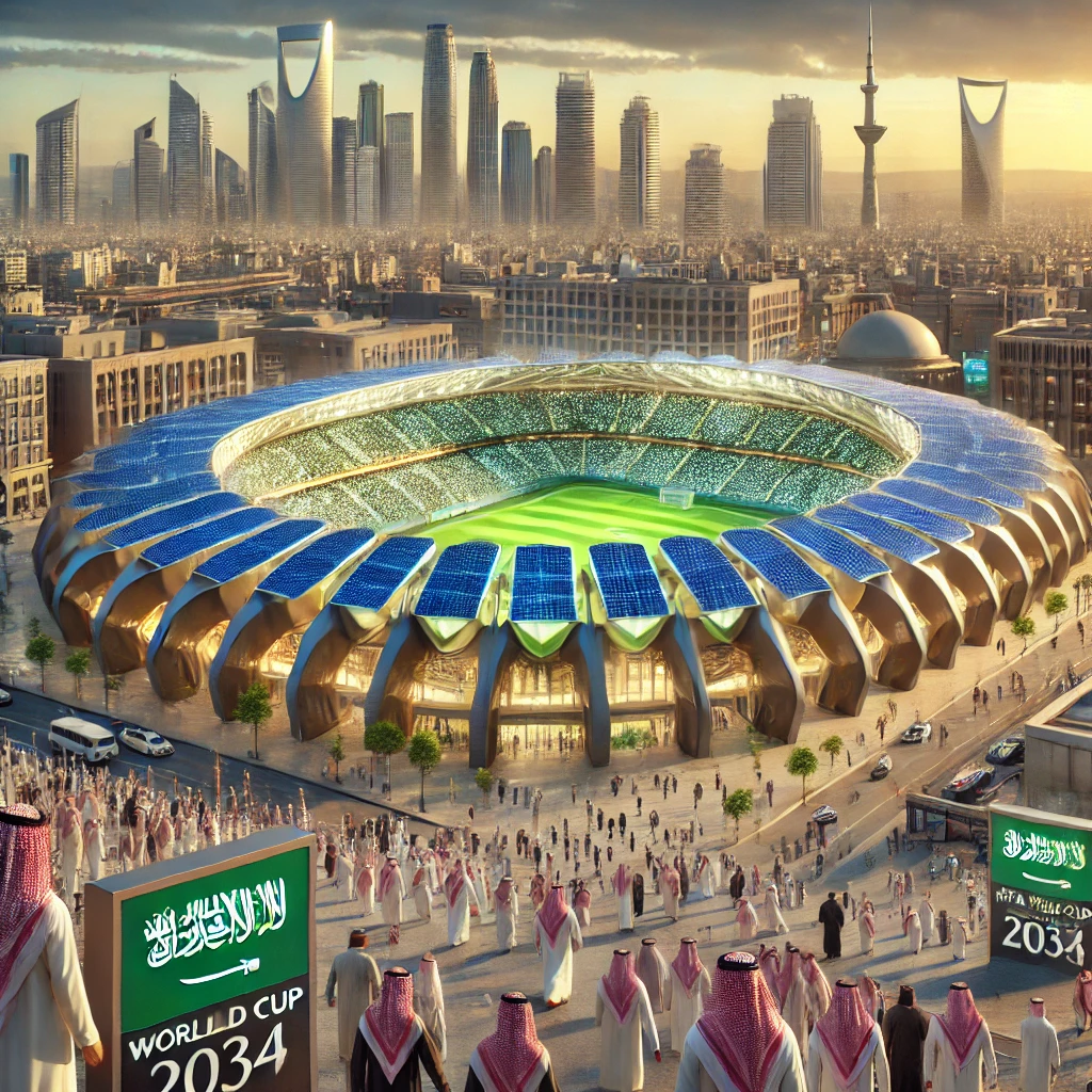 A futuristic football stadium in Saudi Arabia with advanced architecture, eco-friendly solar panels, vibrant lighting, and a modern cityscape backdrop, symbolizing the 2034 FIFA World Cup. Diverse fans are seen arriving and cheering